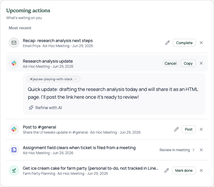 Slack follow-up draft · same panel treatment, footer gains Refine with AI