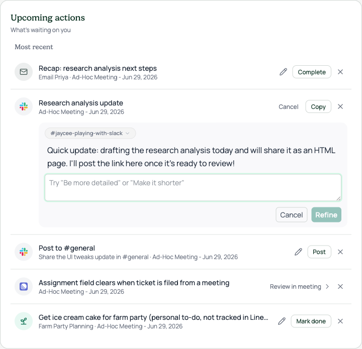 Refine open · full-width feedback box with example placeholder, its own Cancel and Refine actions