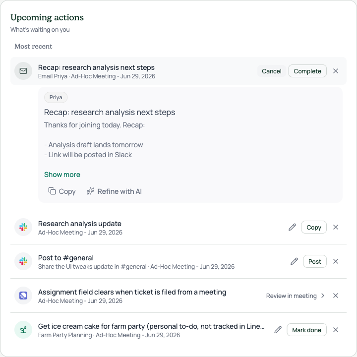 Email follow-up · recipient pill, editable subject and body, Copy and Refine with AI in the footer